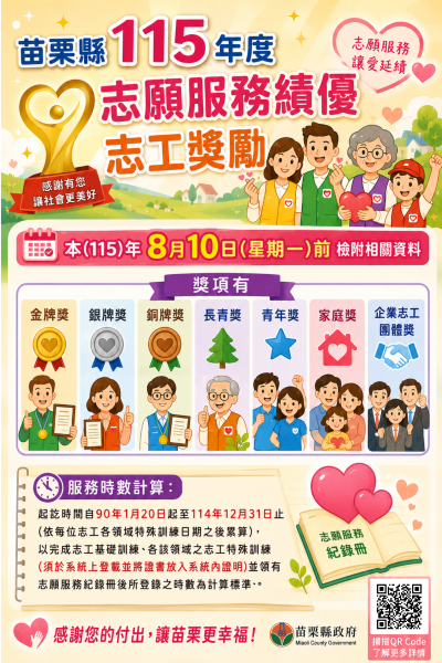 苗栗縣115年志願服務績優志工獎勵(標題圖檔)